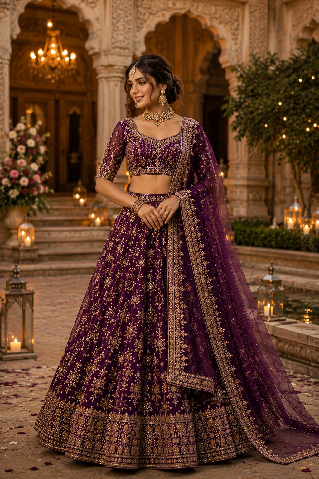 Wine Purple Velvet Lehenga