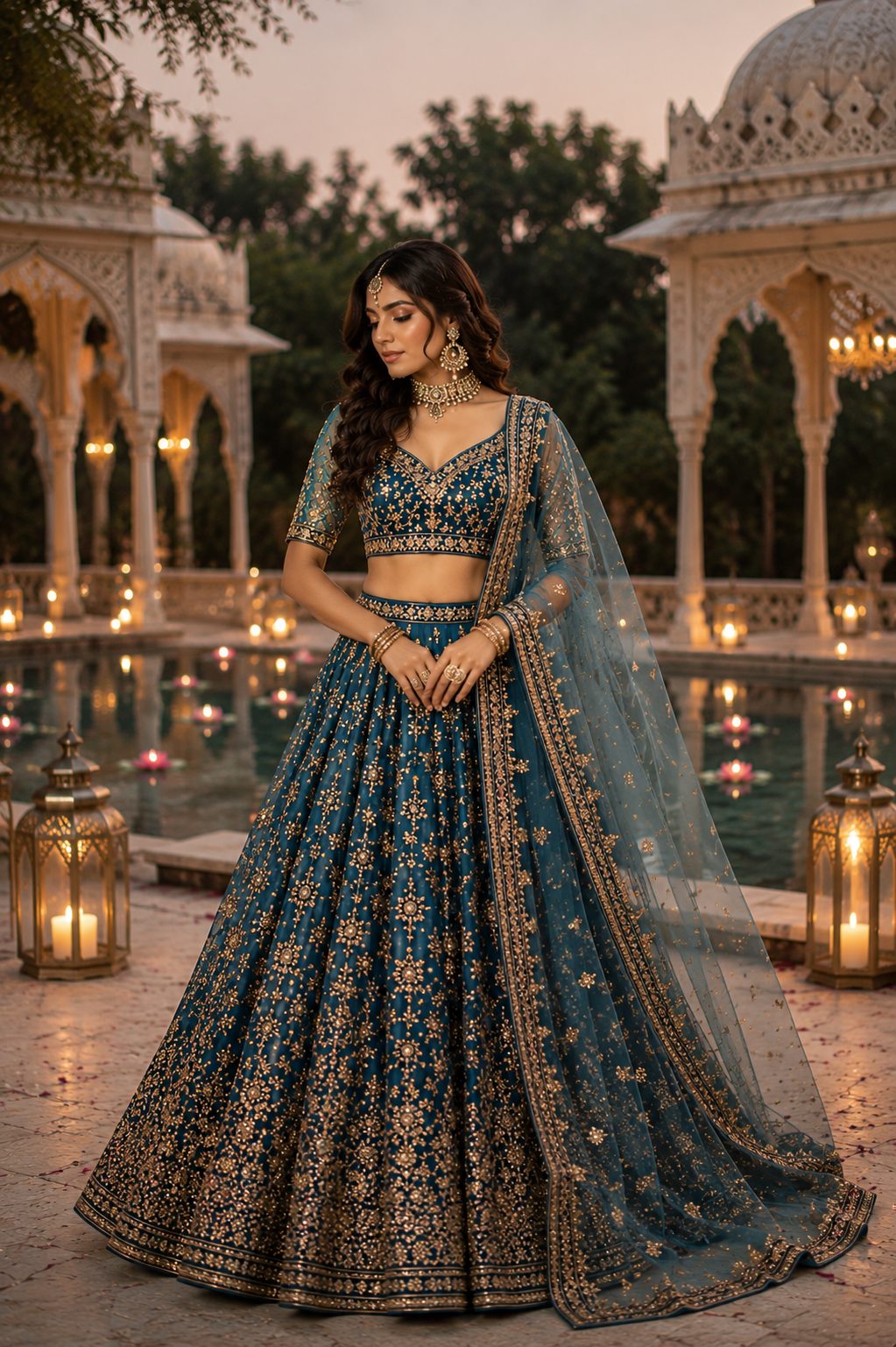 Teal Blue Embroidered Lehenga