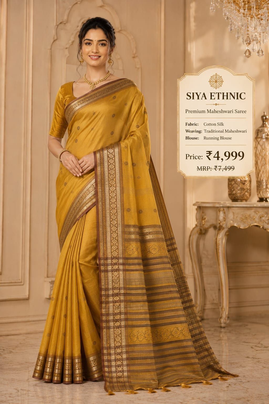 Premium Maheshwari Saree (Mustard)