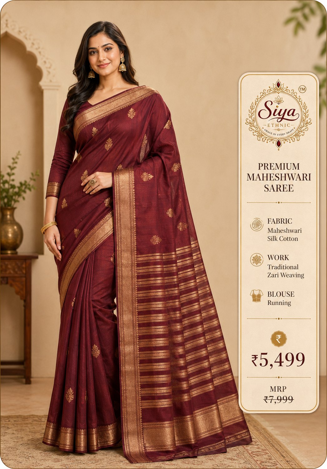 Premium Maheshwari Saree (Maroon)