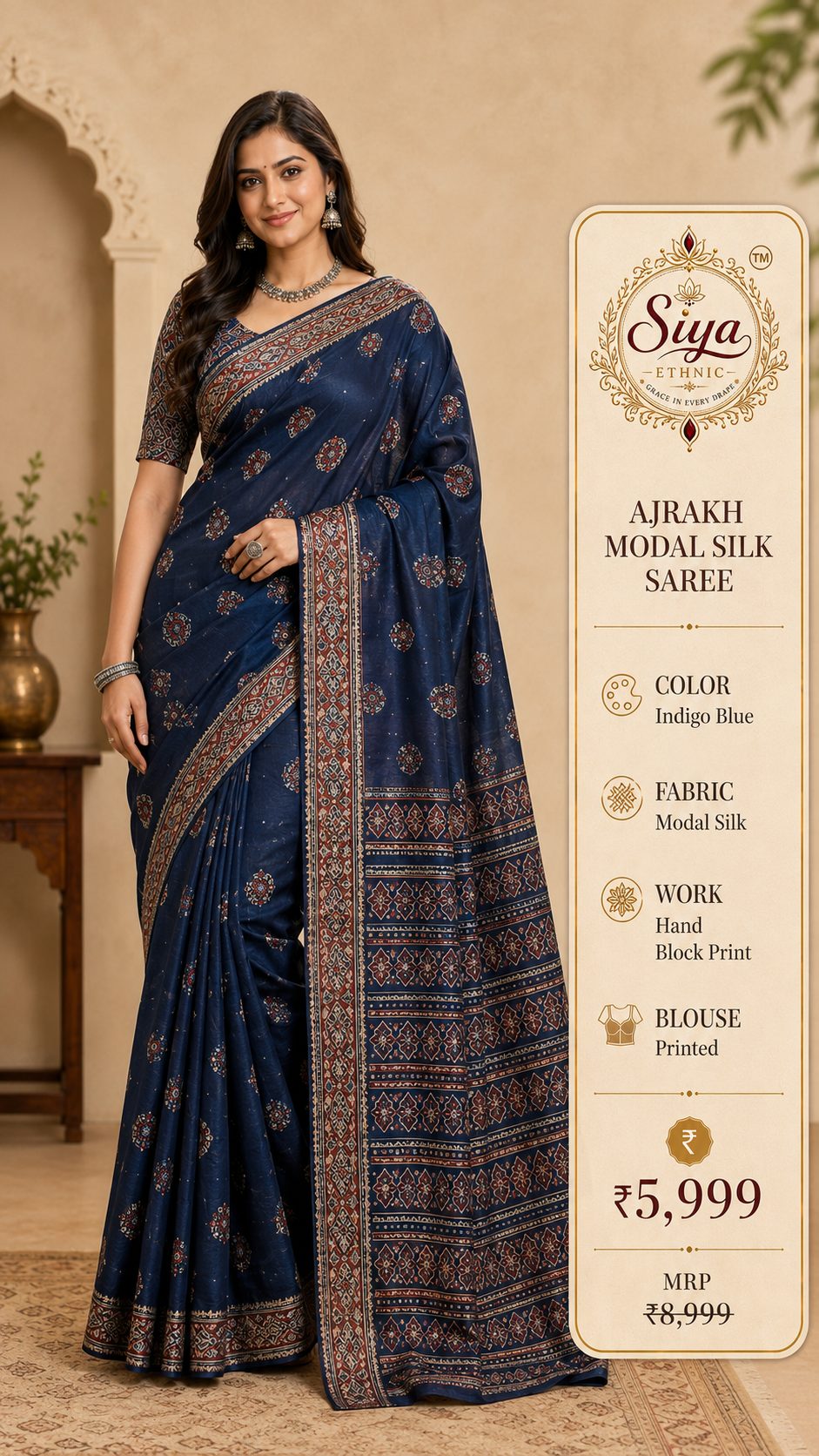 Ajrakh Modal Silk Saree
