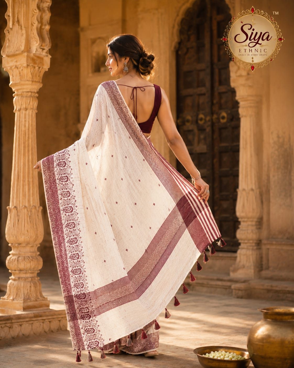 Ivory Maroon Linen
