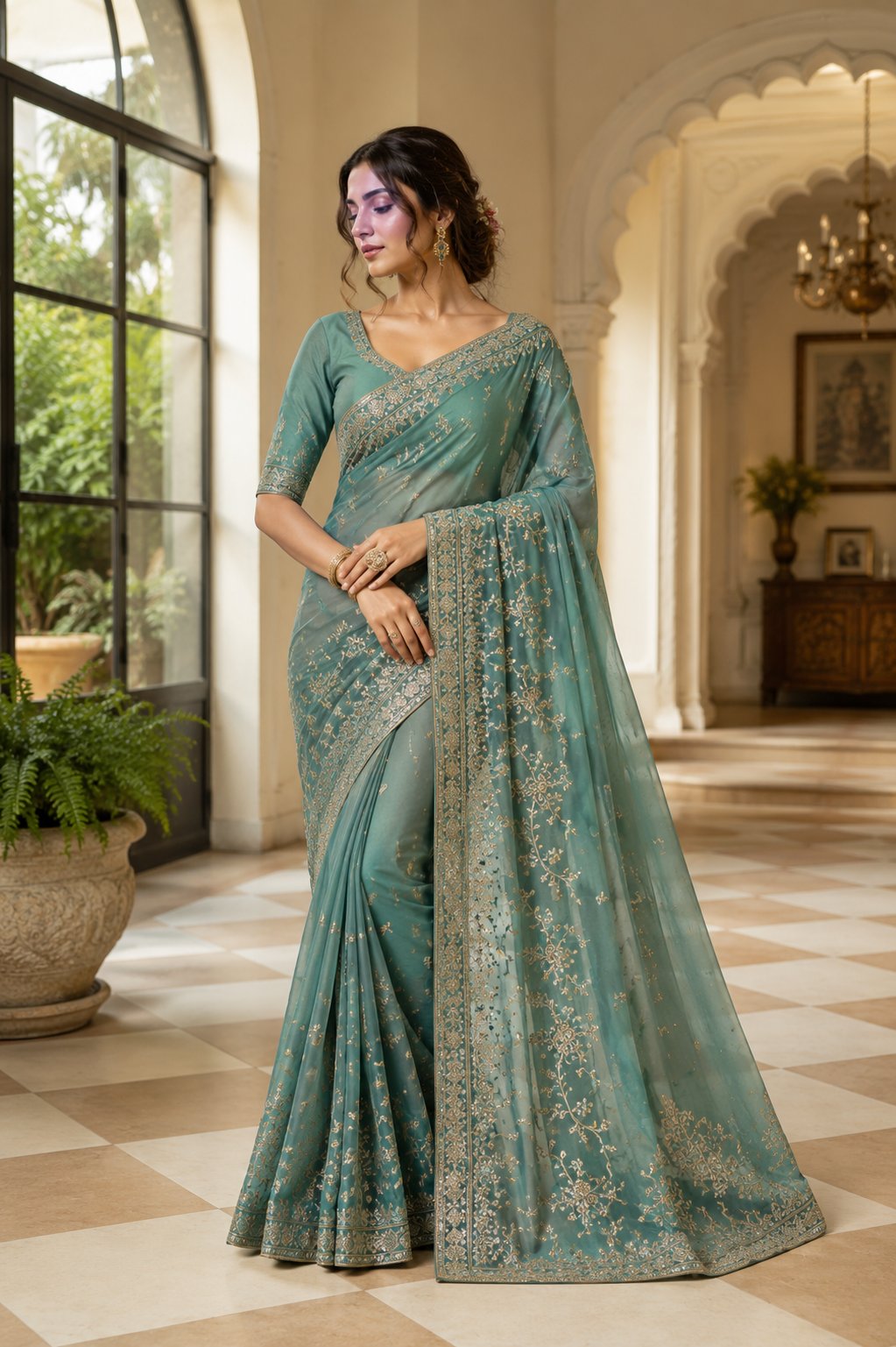 Sage Green Tissue Silk Saree