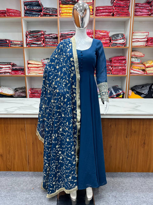 Glamorous Fox Georgette Gown with Chic Fancy Sleeves and Dupatta.