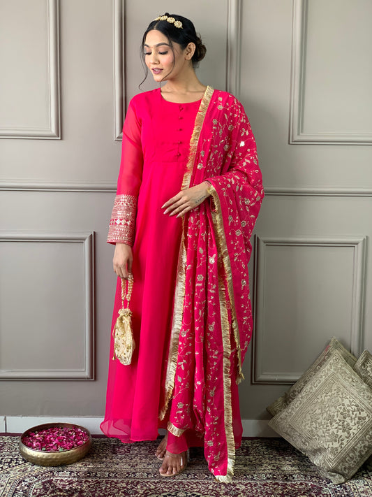 Chic Fox Georgette Dress Featuring Flowing Sleeves and Embroidered Dupatta.