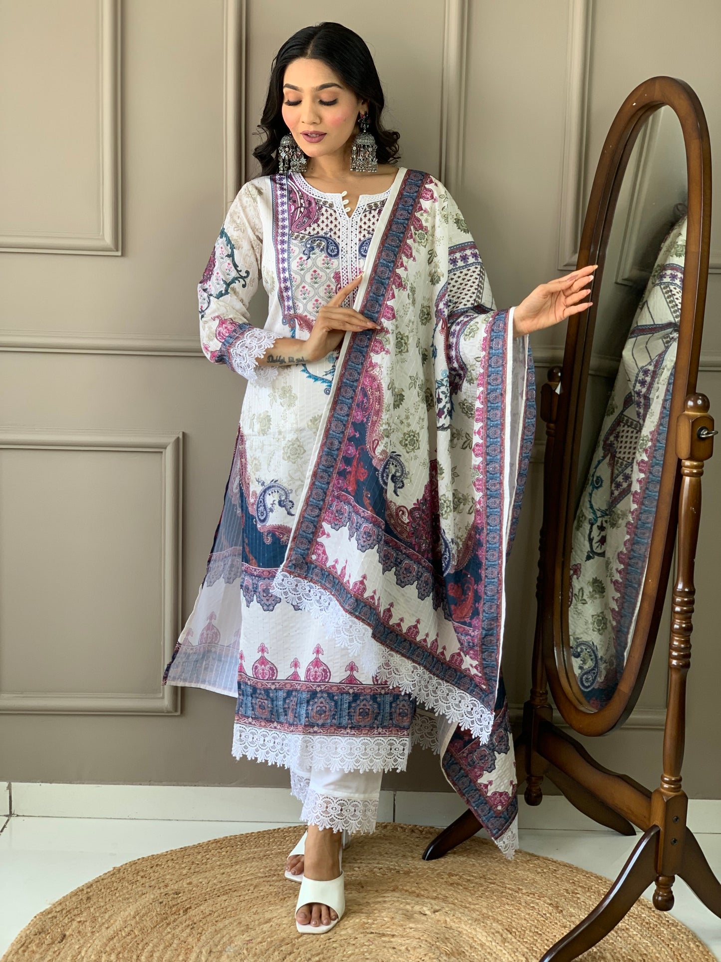 Fusion Floral Chanderi Silk Kurta Set with Dupatta Included.