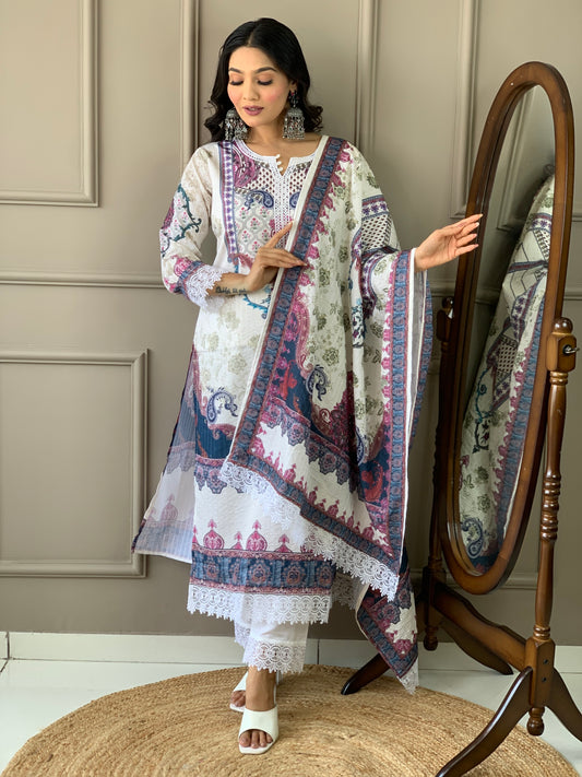 Fusion Floral Chanderi Silk Kurta Set with Dupatta Included.