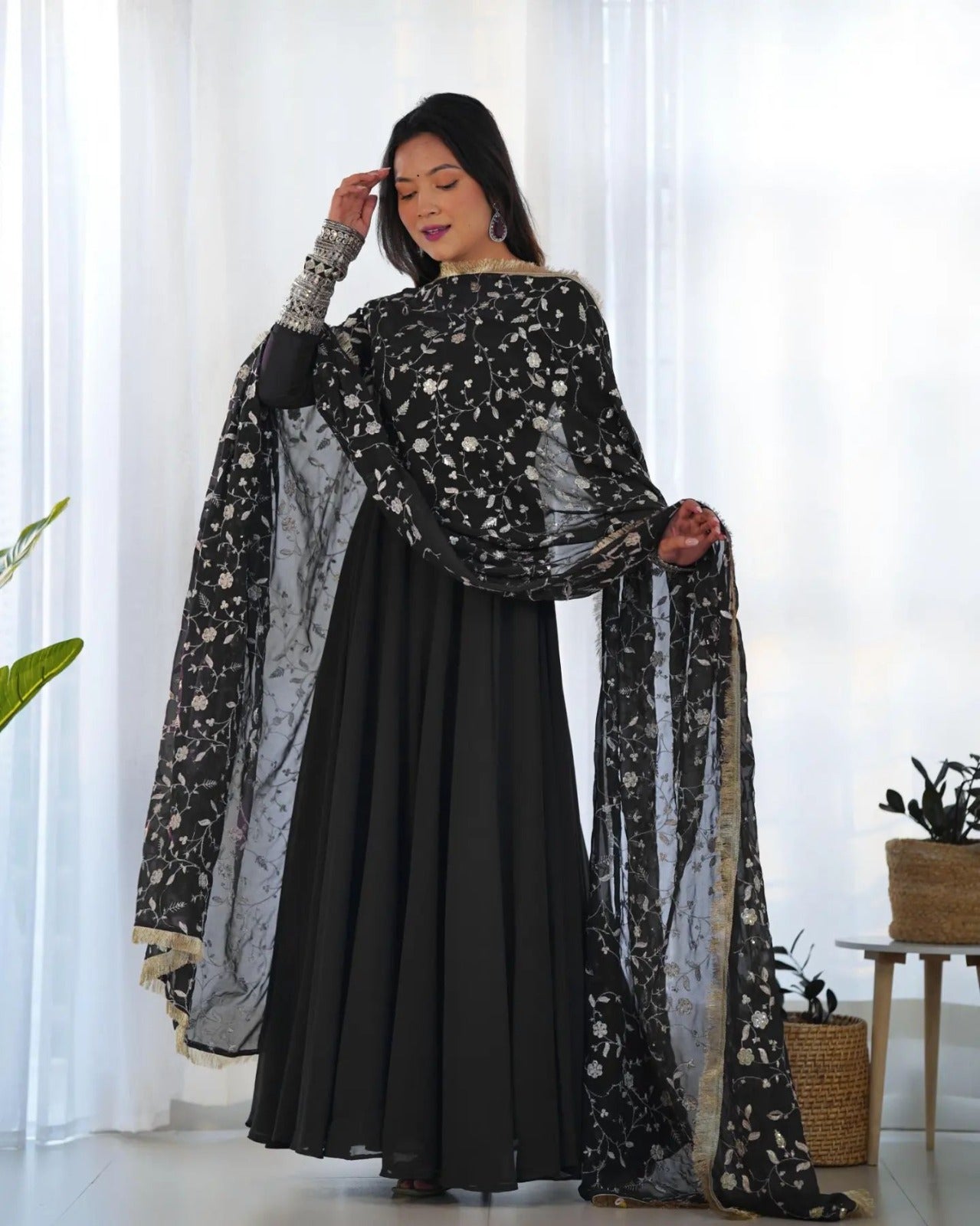 Decorative Sleeve Georgette Gown with Dupatta.