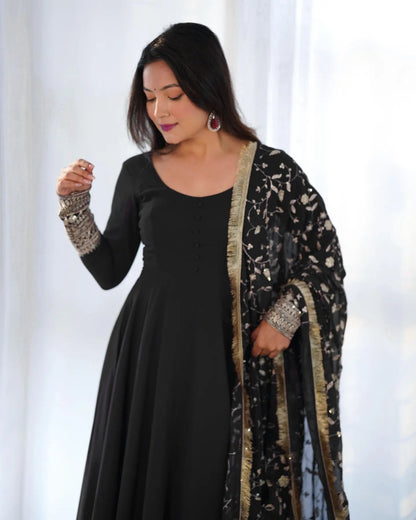 Decorative Sleeve Georgette Gown with Dupatta.