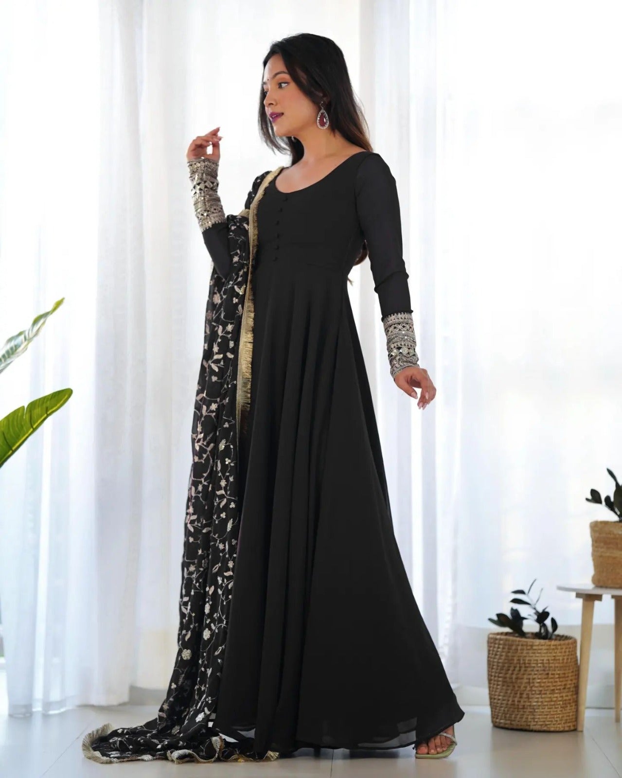 Decorative Sleeve Georgette Gown with Dupatta.