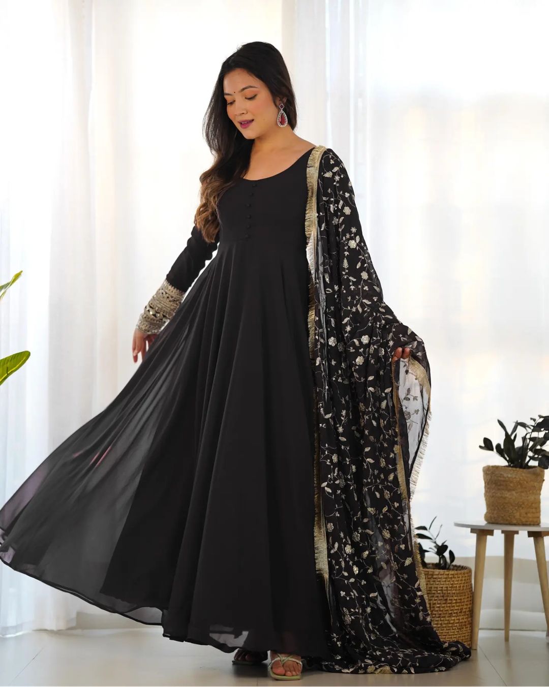 Decorative Sleeve Georgette Gown with Dupatta.